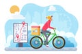 Cycle winter extreme delivery flat vector illustration. Courier on bicycle cartoon character. Ecological express