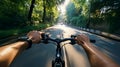 a cycler on a roadside, a car passing by, trees on the right side of the street, point of view from the cyclers head