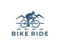 Cycling, bike ride, man on bike and mountains, logo design. Cyclist, bike cyclist, bicycle, cycle or velocipede, vector design