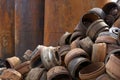 Recycling center piles of tubing, metal and other scrap materials Royalty Free Stock Photo