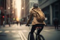 Cycling commuter - woman biking to work on a bicycle wearing a backpack.