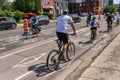 Cycling corridor on Rachel Street in the Rosemont Ã¢â¬â La Petite-Patrie borough during Corovanirus Covid-19 pandemic