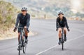 Cycling, couple goals and fitness while riding bicycle on countryside road for health and exercise. Happy male and