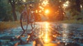 Cycling down the street to work at summer sunset on a tiled road in the city park. Close-up of wheel on blurred summer Royalty Free Stock Photo