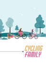 Cycling family card with people traveling by bike flat vector illustration.