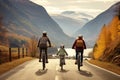 Cycling family of three in mountain road