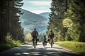 Cycling family of three in mountain road