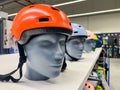 Cycling helmet on mannequin head in sport equipment store Royalty Free Stock Photo