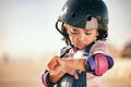 Cycling injury, child and pain from a bike accident outdoor feeling stress and sadness. Young girl and summer cyclist or Royalty Free Stock Photo