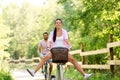 Happy couple with bicycles at summer park Royalty Free Stock Photo