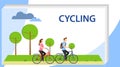 Cycling. Man and Woman Characters Riding Bicycle in the City Background. Active People Enjoying Bike Ride in the Park Royalty Free Stock Photo