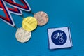 Cycling Mountain Bike icon and medal set, gold silver and bronze medal, blue background. Original wallpaper for summer olympic Royalty Free Stock Photo