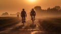 Cycling Nirvana, Back View of Cyclists on a Sunset Road