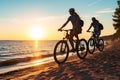 Cycling People Silhouettes on Beach, Generative AI Illustration