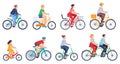 Cycling people. Women, men ride bikes sports outdoor activity, friends riding bicycles race on city street colored