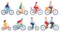 Cycling people. Women, men ride bikes sports outdoor activity, friends riding bicycles race on city street colored cartoon vector