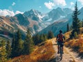 Cycling. person with bicycle on a forest road in the mountains on a spring day Royalty Free Stock Photo