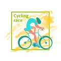 Cycling race, poster template. A man rides a Bicycle, Abstract watercolor spot on the background. Vector illustration
