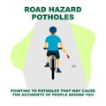 Cycling rules for traffic safety, pointing on road hazard potholes bicycle hand signals.