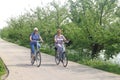 Elderly women cycle at the Apple (Appeldijk), Tricht / Geldermalsen,Betuwe,Netherlands Royalty Free Stock Photo