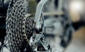 Cycling speed, bicycle gears and chain, cycle speed mechanic wheels of metal, iron or steel closeup. Mountain bike back