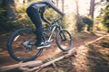Cycling, speed and man on a bicycle on a dirt forest road doing training and exercise on a bike. Fast, outdoor trail and