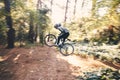 Cycling, speed and man on a bicycle on a forest road doing training and exercise on a bike. Fast, outdoor trail and