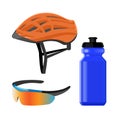 Cycling sportswear helmet, plastic drinking bottle, protective modern sunglasses Royalty Free Stock Photo