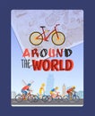 Cycling tour around the world, typography brochure cover, people vector illustration