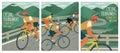 Cycling tournament posters set. Hand drawn vector illustrations of bike riders. Bicycle race on montain road. Triathlon Royalty Free Stock Photo