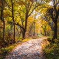 A cycling track passing through a forest with fall colours autumn colours