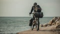 cycling travel with bags against the backdrop of the sea, summer bike trip generative ai