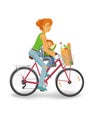 Cycling woman with baby and grocery bag