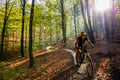 Cycling woman riding on bike in autumn forest landscape. Woman cycling MTB flow trail track. Outdoor sport activity Royalty Free Stock Photo