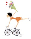 Cycling young woman. Bicycle and bunch of flowers Royalty Free Stock Photo