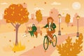 Cycling young woman on bike in autumn park Senior couple and their pomeranian spitz sitting on bench Flat vector