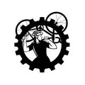 Cyclist Bicycle Mechanic Carrying Bike Sprocket Black and White