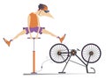 Cyclist and a broken bicycle. Cyclist inflates the wheel Royalty Free Stock Photo