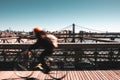 Cyclist in Brooklyn bridge Royalty Free Stock Photo
