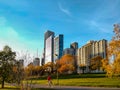 A cyclist on Chicago`s lakefront biking trail during autumn. Royalty Free Stock Photo