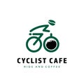 Cyclist coffee cafe logo with silhouete riding bicycle icon and coffee glass as wheel vector logo template