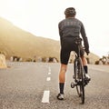 Cyclist, countryside road or fitness bike for sunrise workout, training and exercise for health goals, wellness or heart