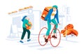 Cyclist delivery guy give some boxes tom young woman showcases of cafe and shops. Cartoon flat vector