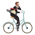 Cyclist flat. Happy man ride bicycle and call phone for business. Outdoor activity cartoon vector illustration