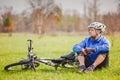 Cyclist have a rest with bike