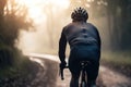 Cyclist with his back turned, wearing a helmet and sports clothes rides a bicycle, generative AI.