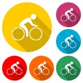 The cyclist icon, The man on a bicycle logo, color set with long shadow