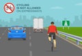 Cyclist ignoring road or traffic rule and riding his bike on expressway.