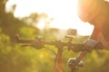 Women cyclist mount the action camera on mountain bike Royalty Free Stock Photo