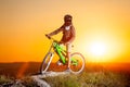 Cyclist with mountain bike on the hill in the evening